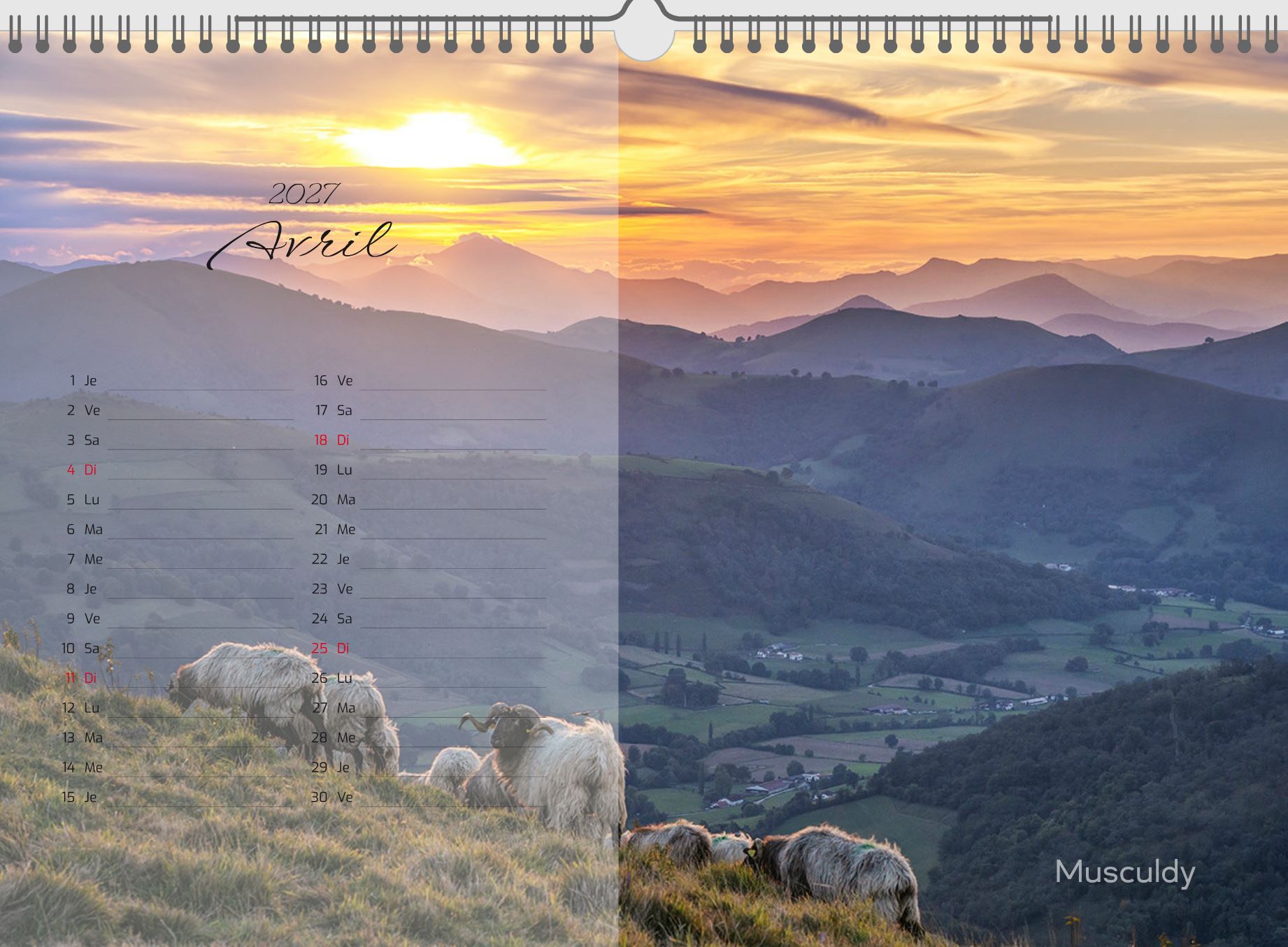 Page d'avril du calendrier 2027 Pays Basque : la chaîne des Pyrénées vue depuis Musculdy