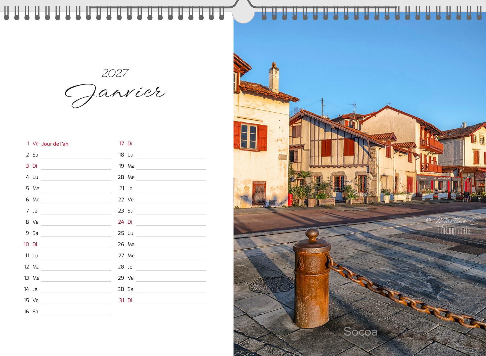 Page de janvier du calendrier 2027 Pays Basque : Socoa