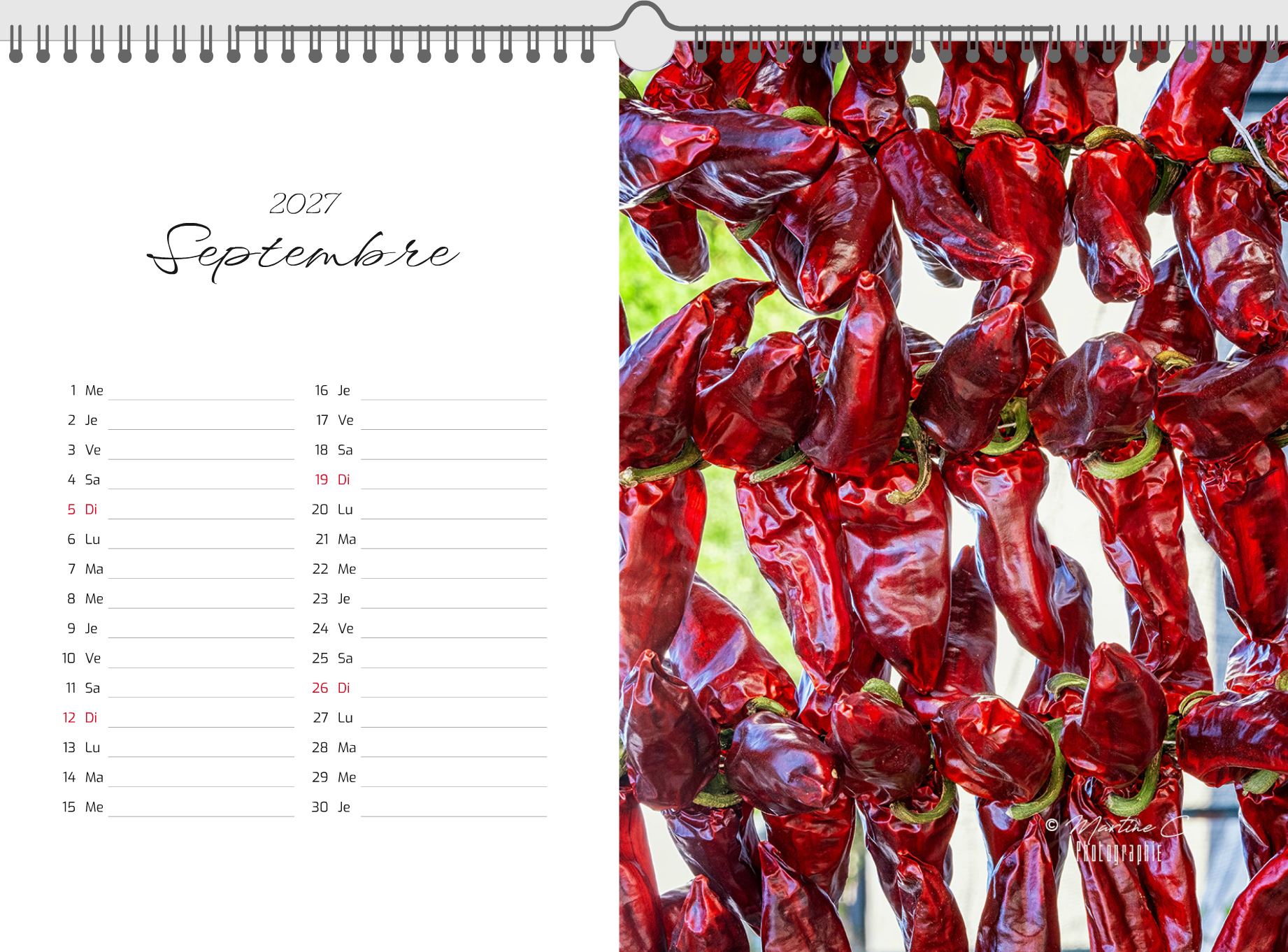 Page de septembre du calendrier 2027 Pays Basque : piments d'Espelette