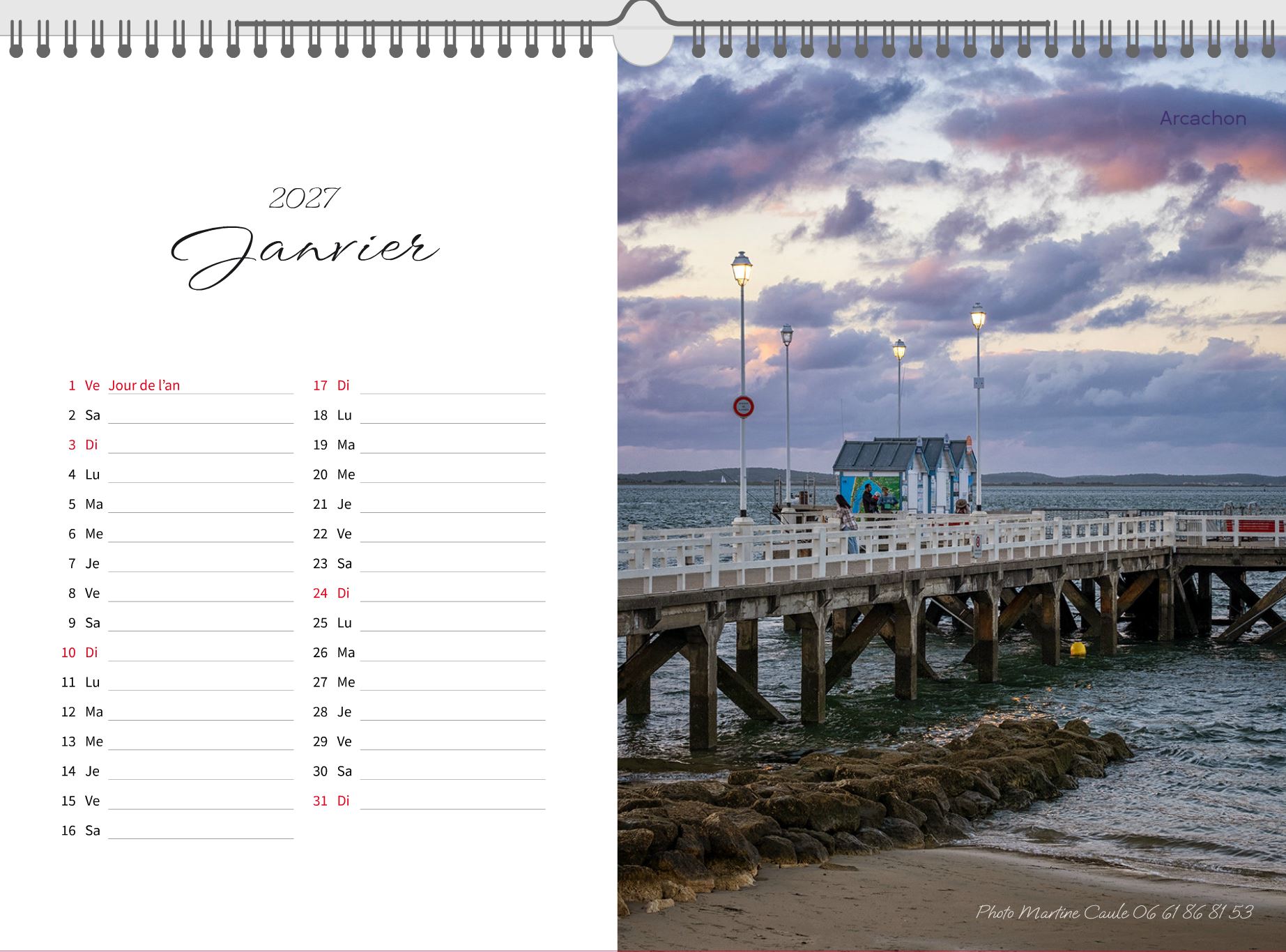 Page de janvier du calendrier 2027 Bassin d'Arcachon : la jetée Lataillade, anciennement jetée d'Eyrac, à Arcachon