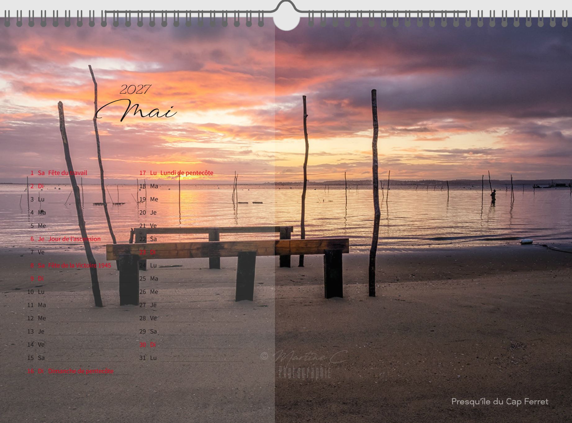 Page de mai du calendrier 2027 Bassin d'Arcachon : lever de soleil sur une plage de la presqu'île du Cap Ferret