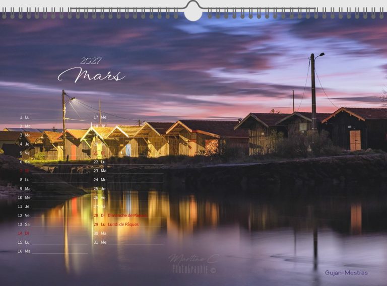 Page de mars du calendrier 2027 Bassin d'Arcachon : le port du Canal à Gujan-Mestras à la tombée du jour