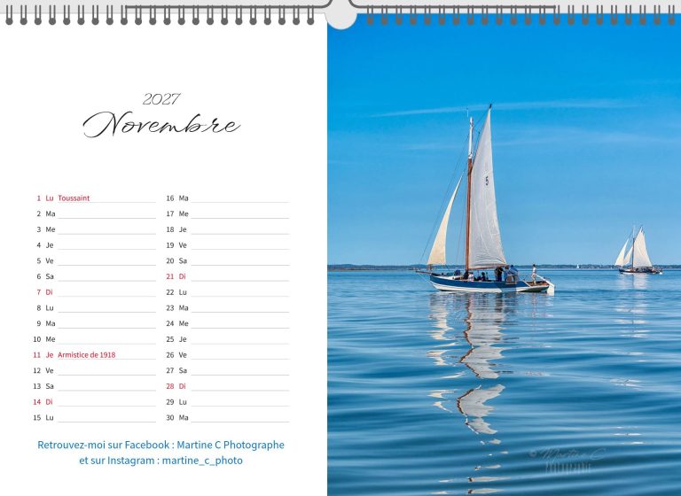 Page de novembre du calendrier 2027 Bassin d'Arcachon : le bac à voile Tante Sophie sur le Bassin