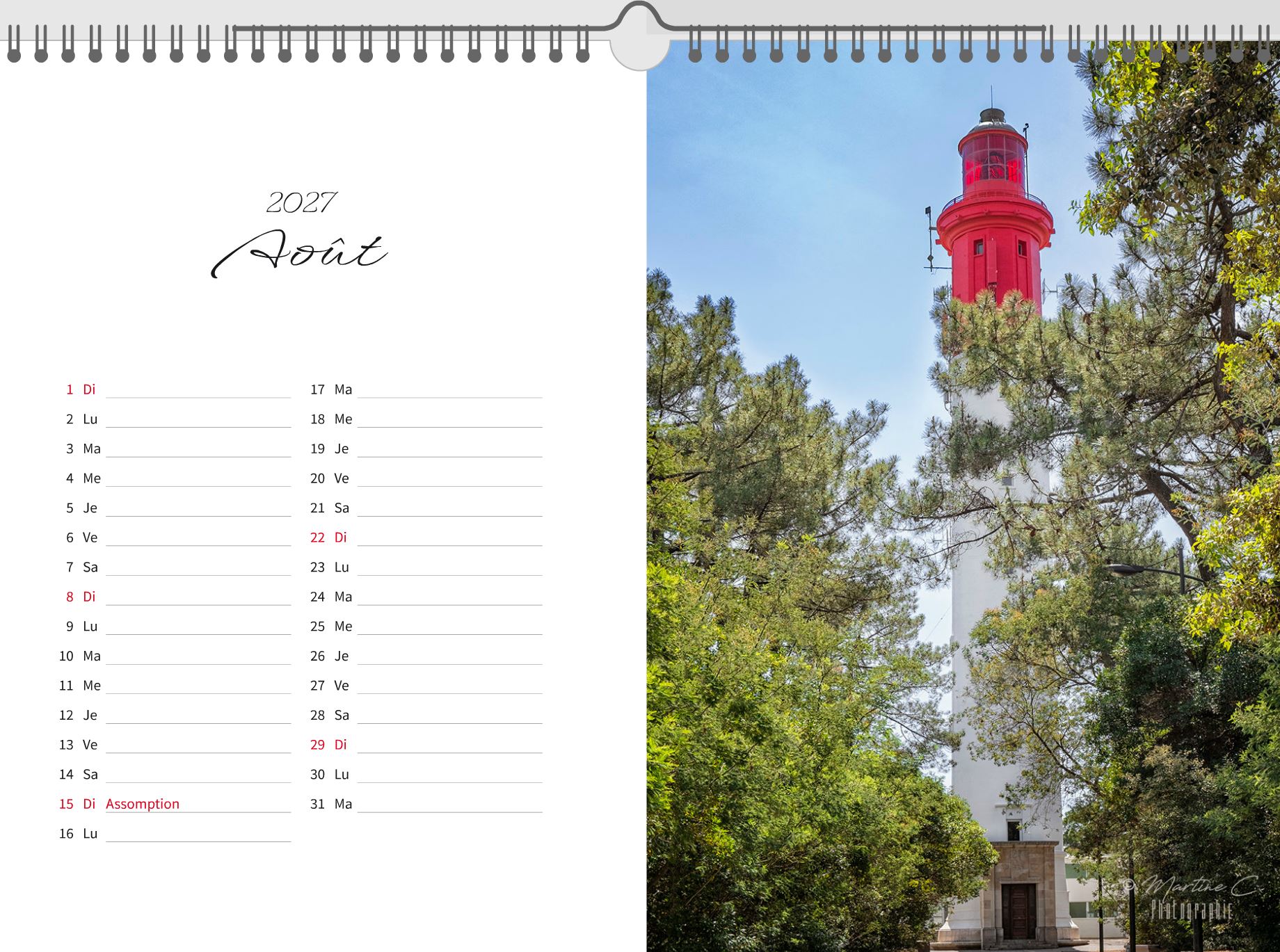 Page d'août du calendrier 2027 Bassin d'Arcachon : le phare du Cap Ferret