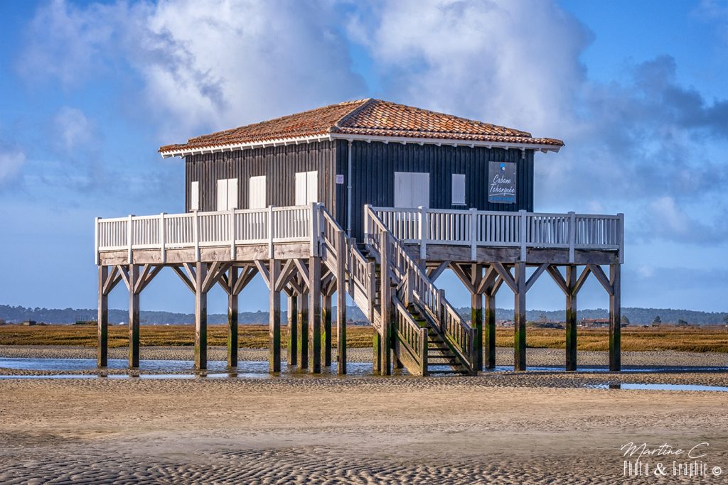Cabane Tchanquée 53 en hiver à marée basse, Bassin d'Arcachon